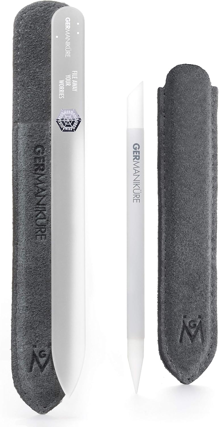 GERMANIKURE 2 Pc Glass Bundle - Crystal Glass Cuticle Stick & File Away Your Worries Nail File in Suede Sleeves – Handmade in Czech Republic – Pro Manicure Supplies – Cuticle Pusher, Callous Remover