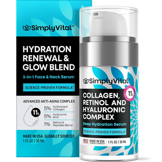 SimplyVital Collagen, Retinol & Hyaluronic Acid Serum - Moisturizer for Face, Neck & Décolleté – Lightweight Hydration for Daily Care – Made in USA – Hyaluronic Acid Cream – 1 fl.oz