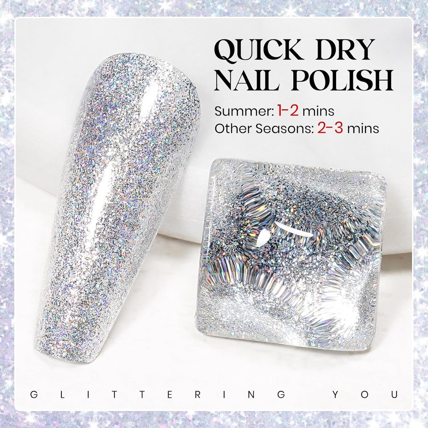 MIZHSE Quick Dry Glitter Nail Polish, Siver Rainbow Nail Polish Air Dry Fast, 15ml High Glossy Sparkly Shiny Shimmery Iridescent Silver Nail Art Salon Manicure Home