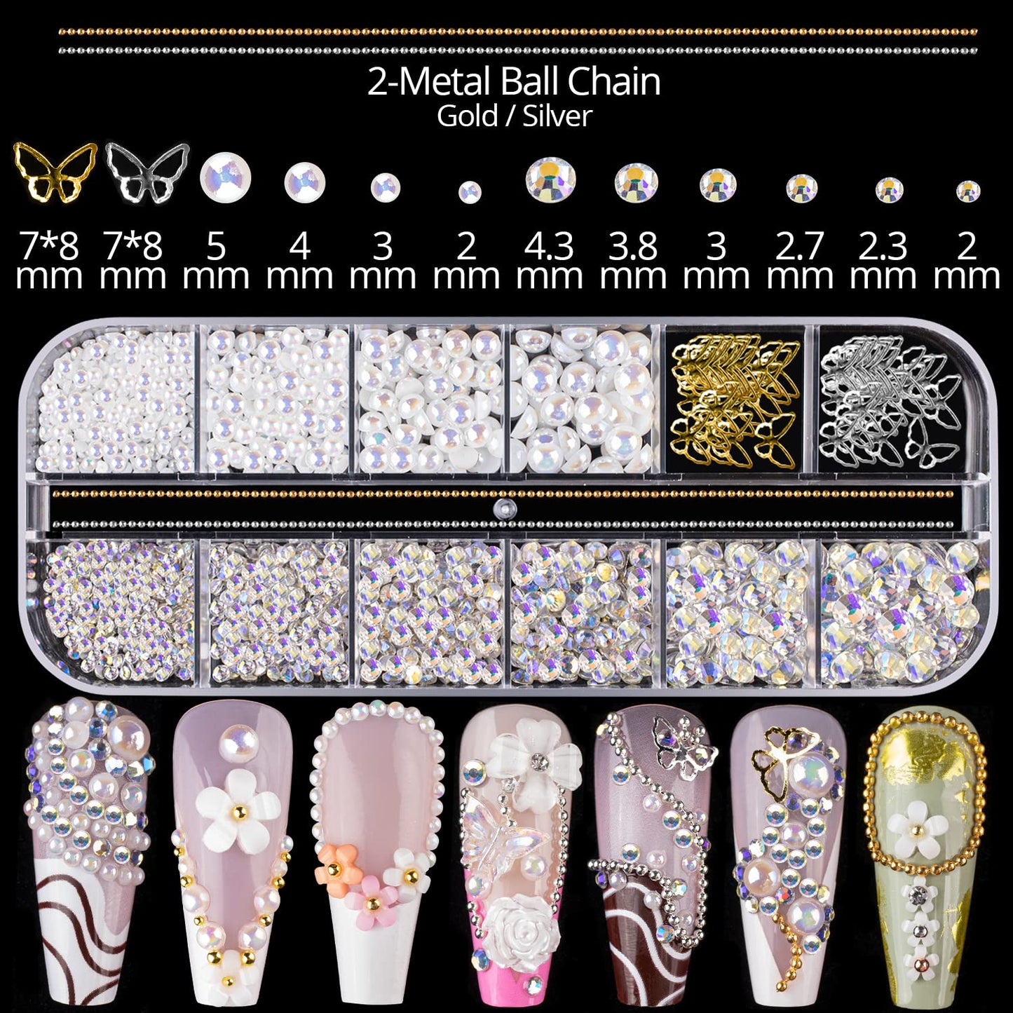 Mixed 3D Nail Art Gem Decoration Accessories Kit #5, Aurora Bear Bow Butterfly Starry AB Rhinestone Charm Jewelry for Deco, Pearl Flower Caviar Bead Stone Crystal with Dual-End Brush and Tweezer