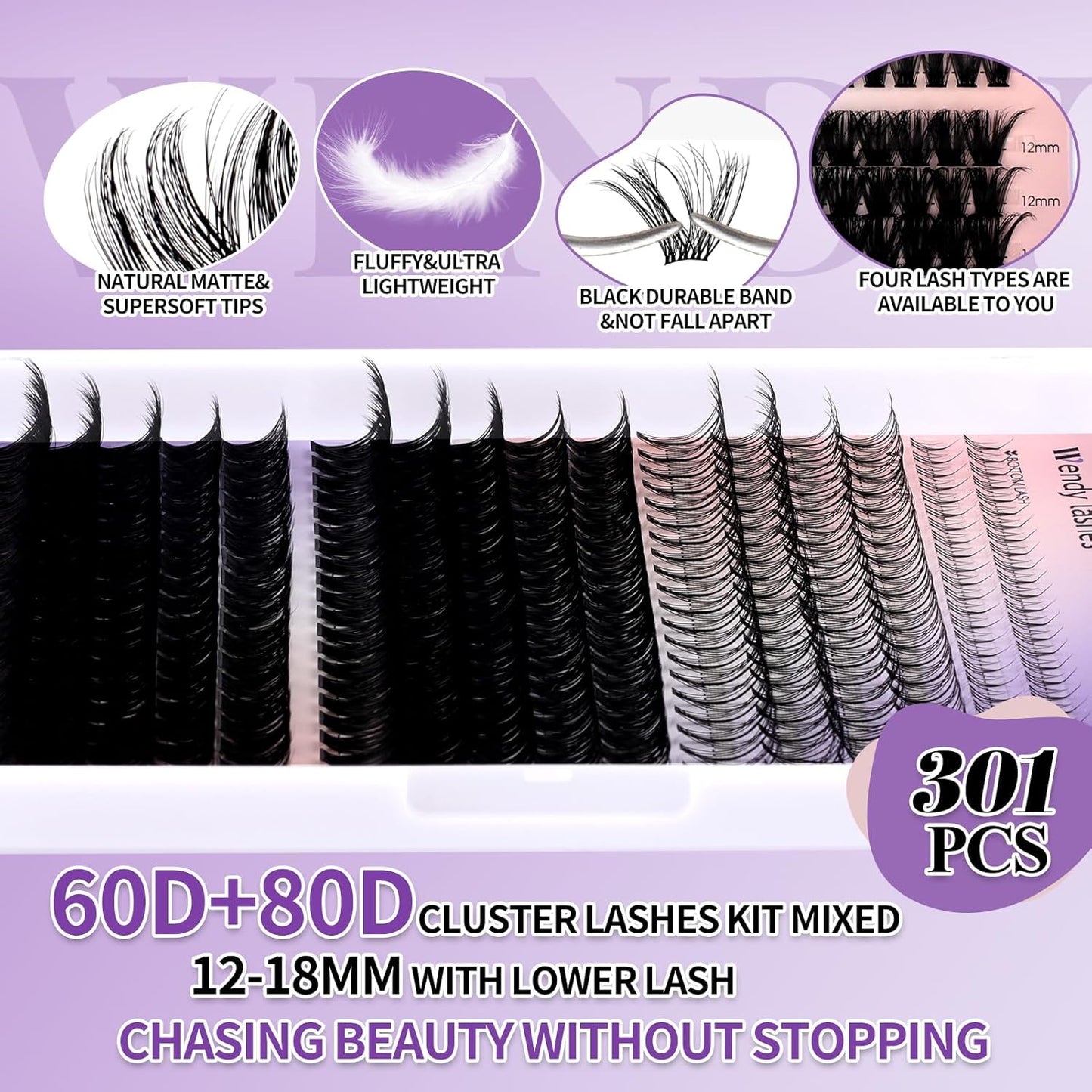 Lash Clusters Kit With Bottom Lashes 60/80/100/200D DIY Lash Extension Kit 12-18mm Multi-types Individual Lashes Bond and Seal, Spike, Volume Lashes Kit Lash Applicator(60/80 Kit)