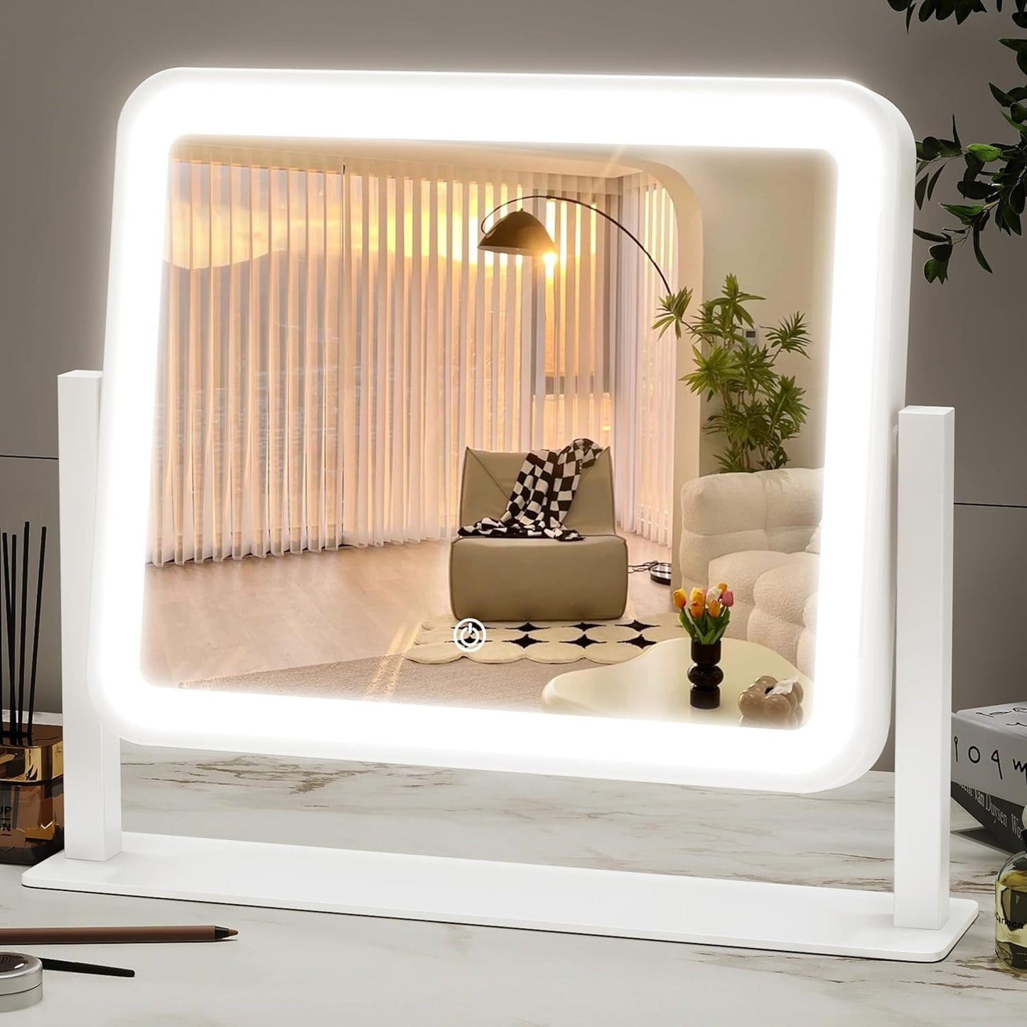 14"x12"Vanity Mirror, Lighted Makeup Mirror for Vanity Desk, Smart Touch Control, 360° Rotation, 3-Color Modes, Bedroom, White