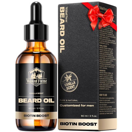Waking Forest Beard Oil - 60ml Vanilla Biotin Beard Oil for Men Thicker Beard with Vitamin E, Rosemary, Castor Mustache Oil for Black Men, Softens & Strengthens Beard Care Oil