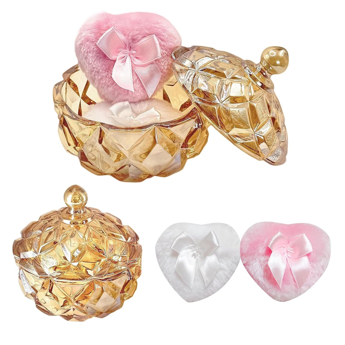 Body Powder Puff and Container - Glass Dusting Powder Container with 2 Soft Puffs Vintage Powder Puff Case for Women & Girls (3.94x3.94x4.53 H in) - GRB012-Amber