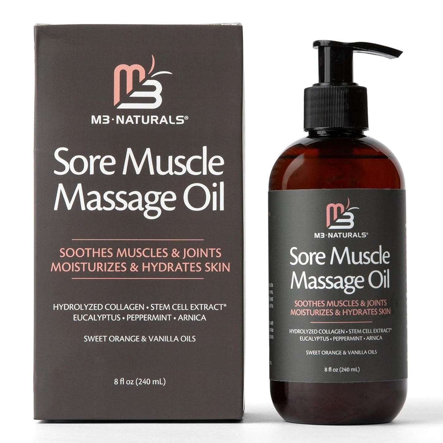 M3 Naturals Arnica Sore Muscle Massage Oil with Collagen, Stem Cells, and Menthol, Anti-Cellulite Therapy for Full Body, Fast-Absorbing Multipurpose Treatment