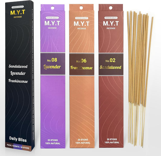 M.Y.T Natural Incense Sticks – Sandalwood, Lavender, Frankincense – Long-Lasting, Low Smoke – Relaxation, Meditation, Odor Removing – 60 Sticks
