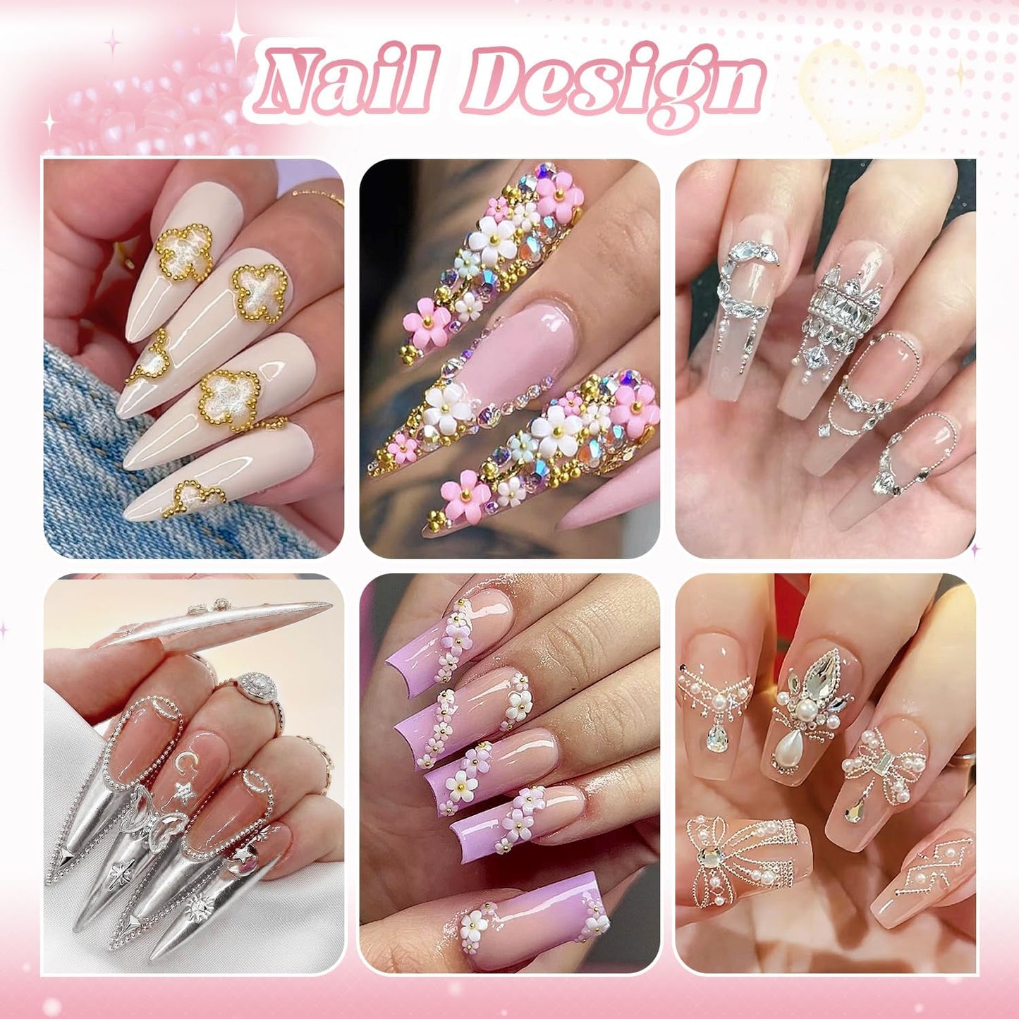 2 Boxes Metal Nail Beads (Silver+Gold) and 3D Flowers and Glass Rhinestones (Clear) for Art, Half Flatback Pearls (White) Crystals Pearl Nail Charms and Round Caviar Beads for Manicure Decor