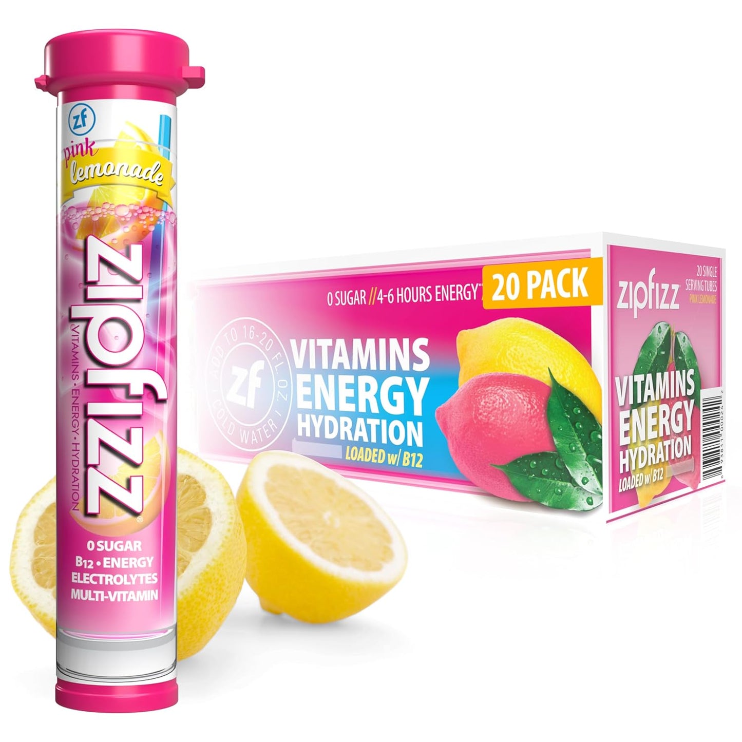 Zipfizz Daily Energy Drink Powder, Pink Lemonade, 20 Pack | 3-in-1 Sustained Energy, Rapid Hydration, and Essential Vitamins | Sugar-Free | Electrolyte Powder | Contains Vitamin B-12 & Antioxidants