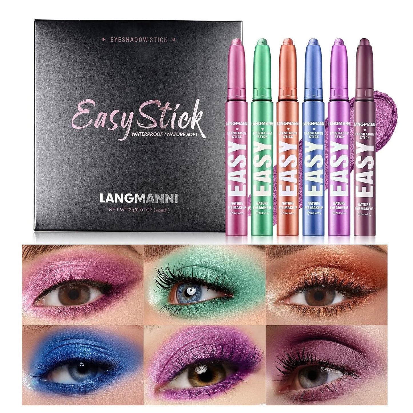 LANGMANNI Eyeshadow Stick, 6 PCS Waterproof Multi-Color Eyeshadow Pen Set, Creamy Long-Lasting Eye Makeup Kit, Natural & Shimmer Shades Contour Stick, Perfect Gifts For Women (#C)