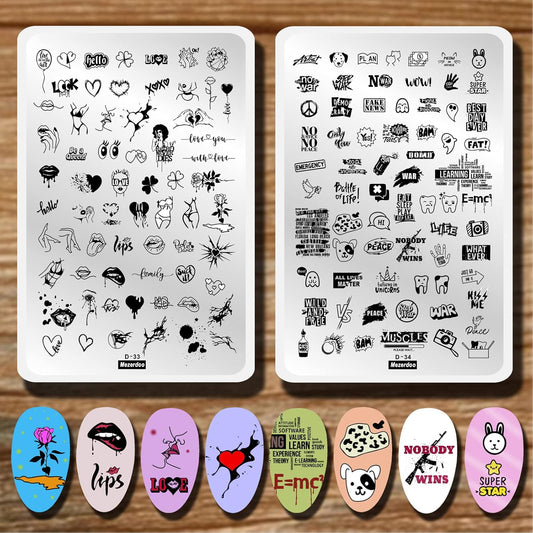 Lips Heart Nail Stamping Plate Kits 2pcs Love Flower Word Design Large Nail Stamp Plate Templates Animal Letter Line Image Stamper Stencils Dog Cat Ghost Halloween Art Stamping Plates Tools