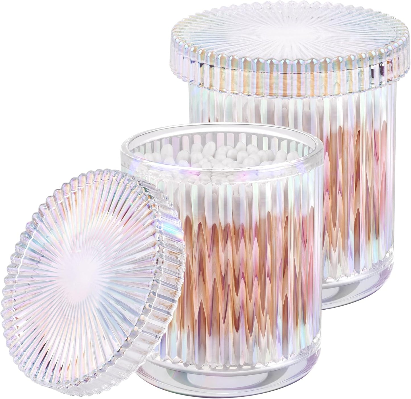 2 Pack Qtip Holder - Apothecary Jars with Lids, Bathroom Organizers and Storage Canister for Cotton Balls,Swabs,Floss Picks,Hair Ties,Clear Glass Vintage Bathroom Decor Jar Set (Iridescent)