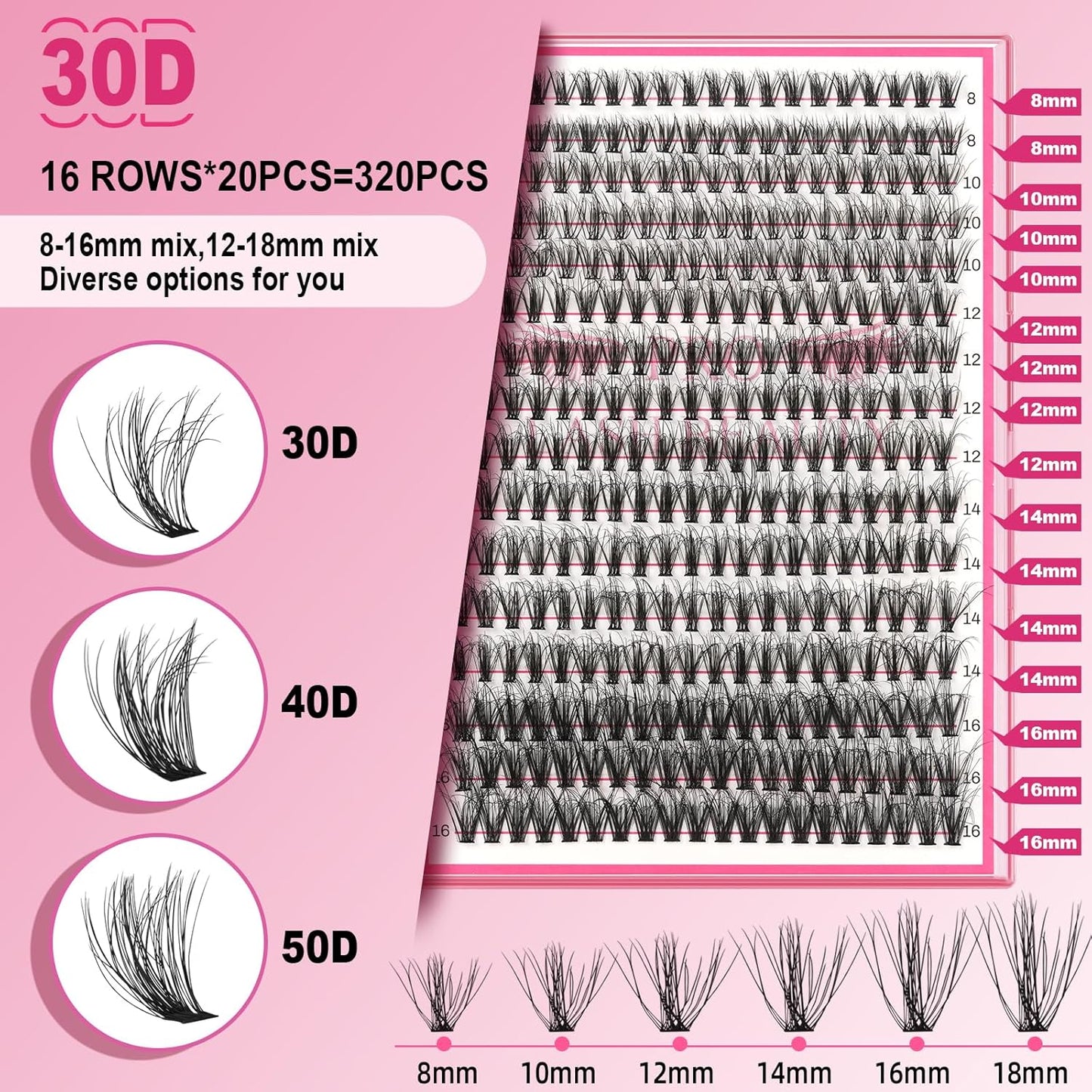 Lash CIusters 320Pcs Individual Lashes 3D Volume Cluster Lashes Natural Look Eyelash Clusters Faux Mink Wispy Lashes 30D-D Mixed DIY Lash Extension (3D Volume-30D-D,8-16mix)