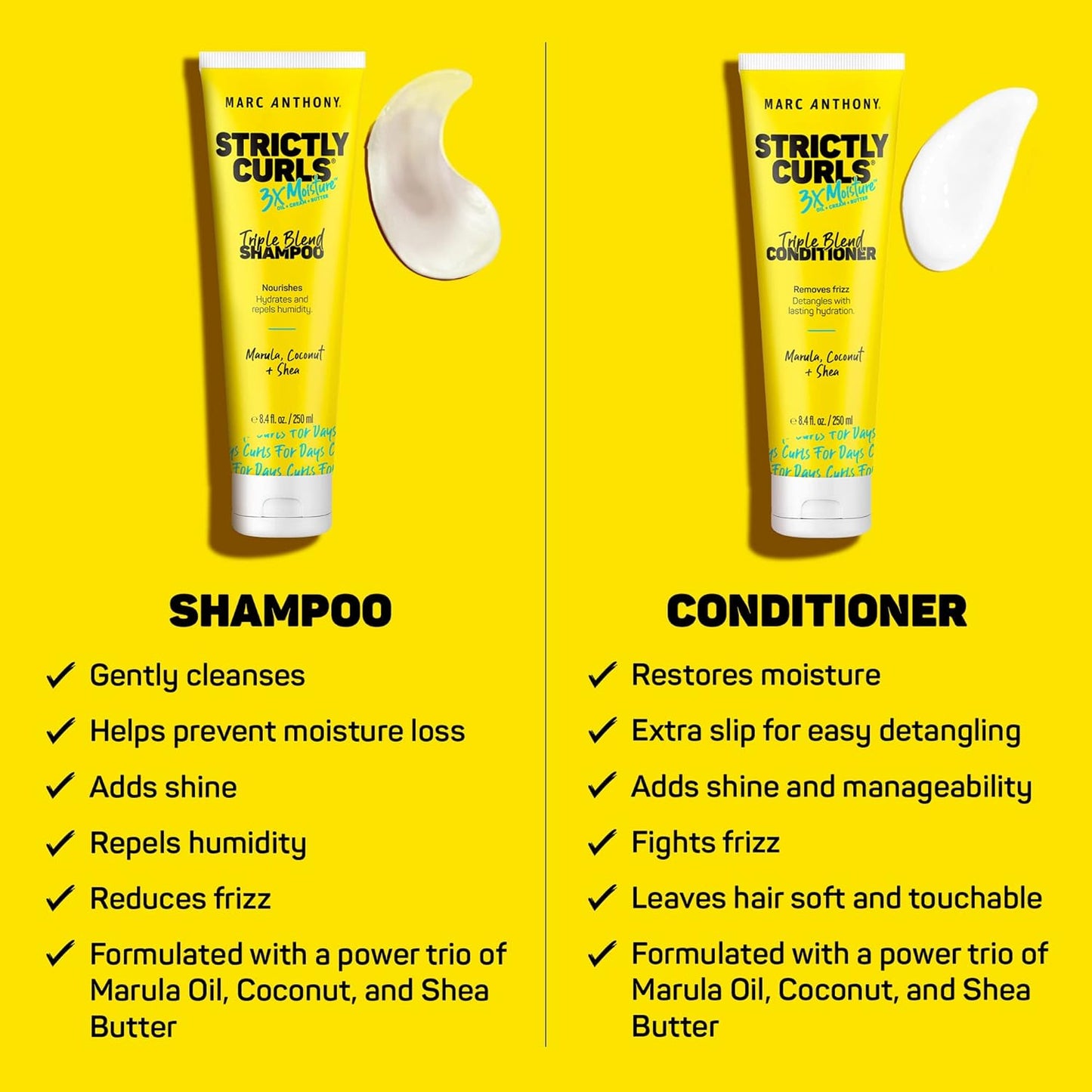 Marc Anthony Strictly Curls 3x Moisture Deep Shampoo & Conditioner for Curl Defining & Anti Frizz - Shea Butter, Marula Oil, Aloe & Coconut Oil - Sulfate Free Color Safe for Dry Damaged Curly Hair