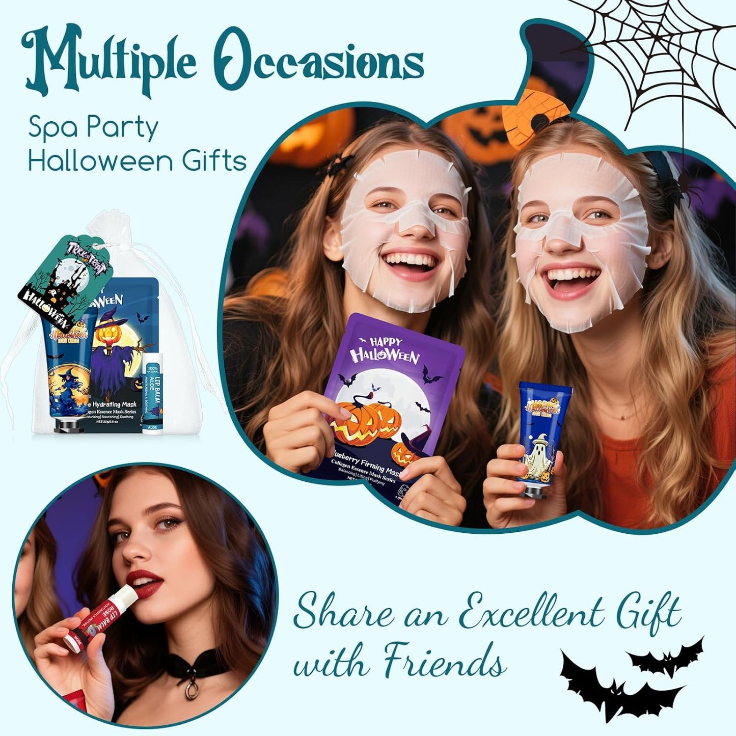 VESPRO 50 Pack Halloween Hand Cream, Facial Mask and Lip Balm Set, Bulk Halloween Gifts for Women, Halloween Decorations, Halloween Party Favors, Halloween Basket Stuffers and Halloween Skincare