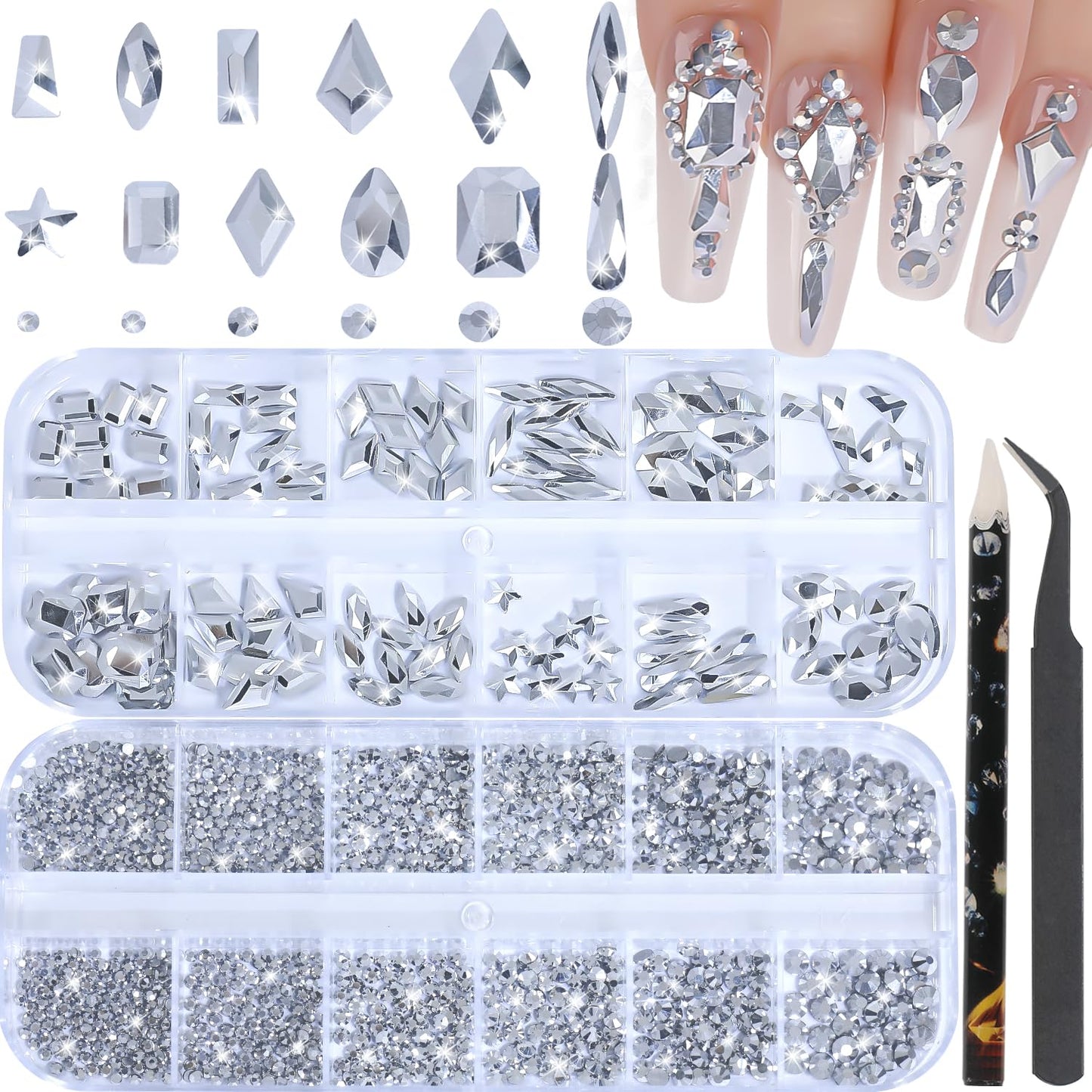 HNUIX Nail Rhinestones - 3D Multi Shape Size, Silver Nail Gems and Charms, Flat Back Crystal, with Kit, for Nail Art, DIY Decorations