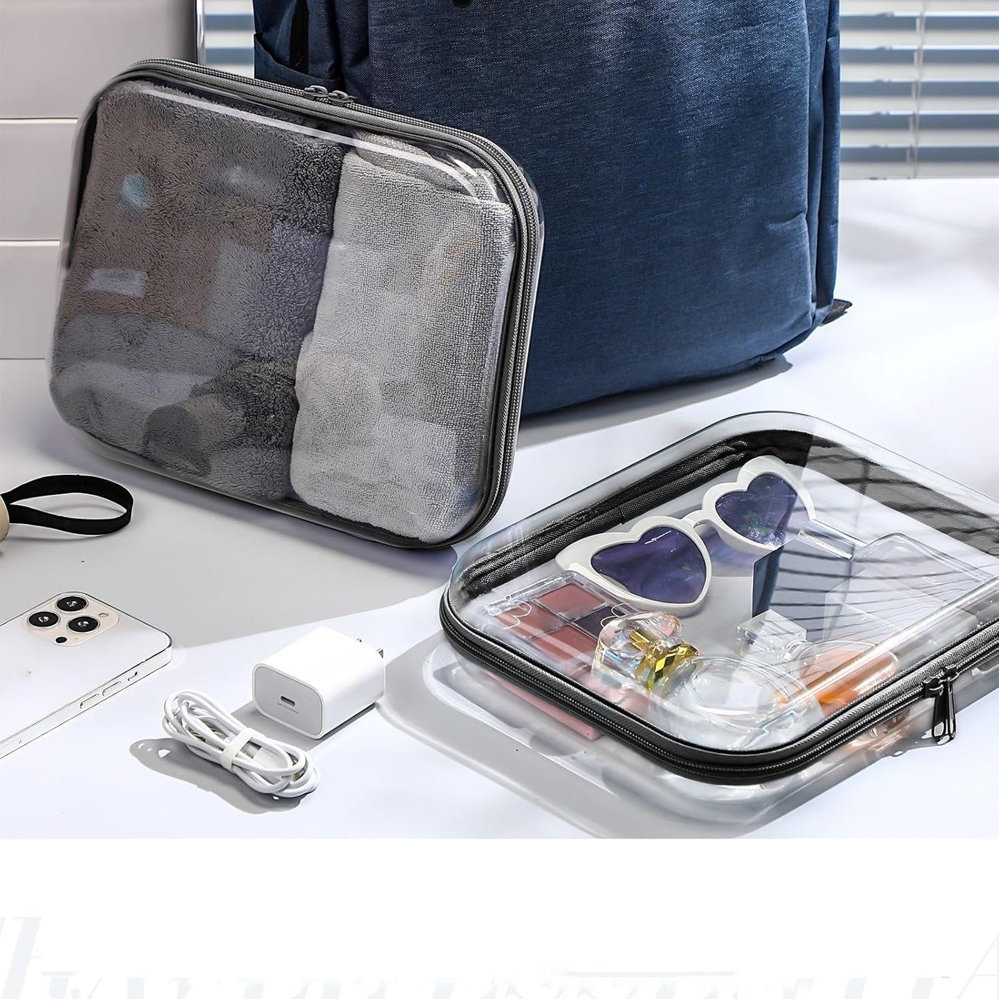 Hoolerry 3 Pcs Clear Hard Zipper Case Plastic Pouch Transparent Hard Case Clear Makeup Bag Portable Travel Organizer Bin for Cosmetics, Building Blocks, Puzzles(Black,M)