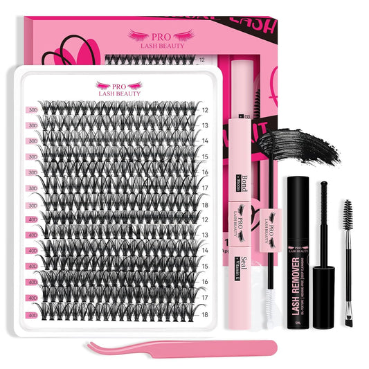 Lash Clusters Kit 280 Pcs Eyelash Clusters Lash Bond and Seal Lash Remover Lash Applicator Individual Lashes Kit Eyelash Brush Easy to Apply at Home(30D+40D-12-18mix Kit)