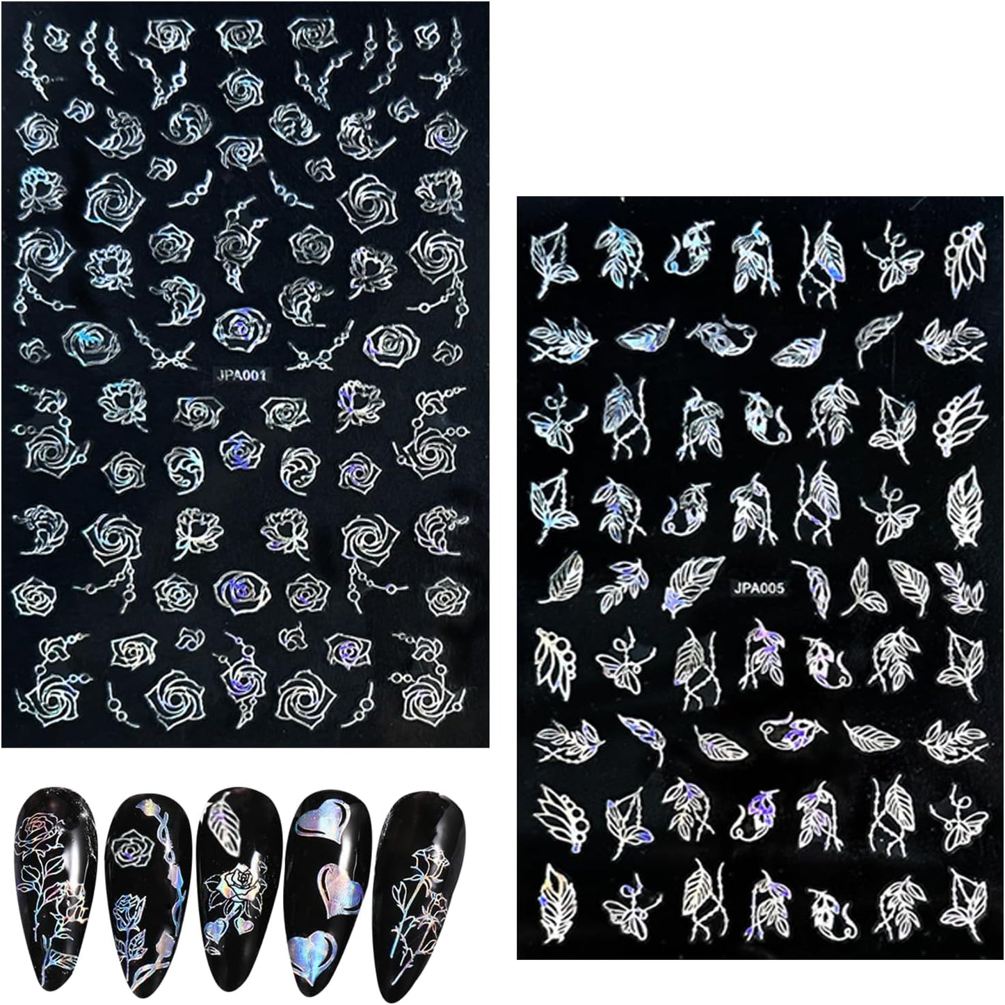 10 Sheets Flower Nail Stickers Silver 3D Self-Adhesive Leaf Art Designs Holographic Laser Manicure Accessories, Style6