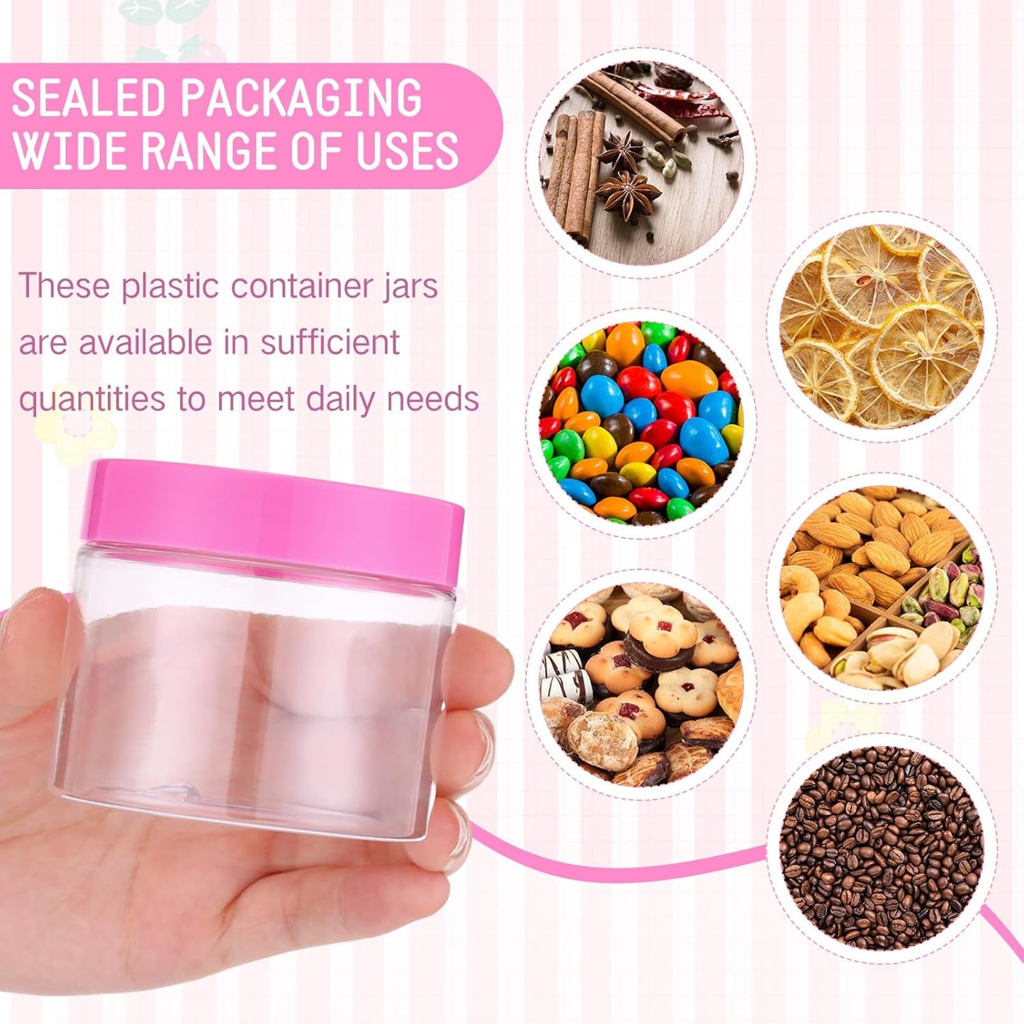 SATINIOR 24 Pieces Empty Clear Plastic Jars with Lids Round Storage Containers Wide Mouth for Beauty Product Cosmetic Cream Lotion Liquid Butter Craft and Food(Pink Lid,2 oz)