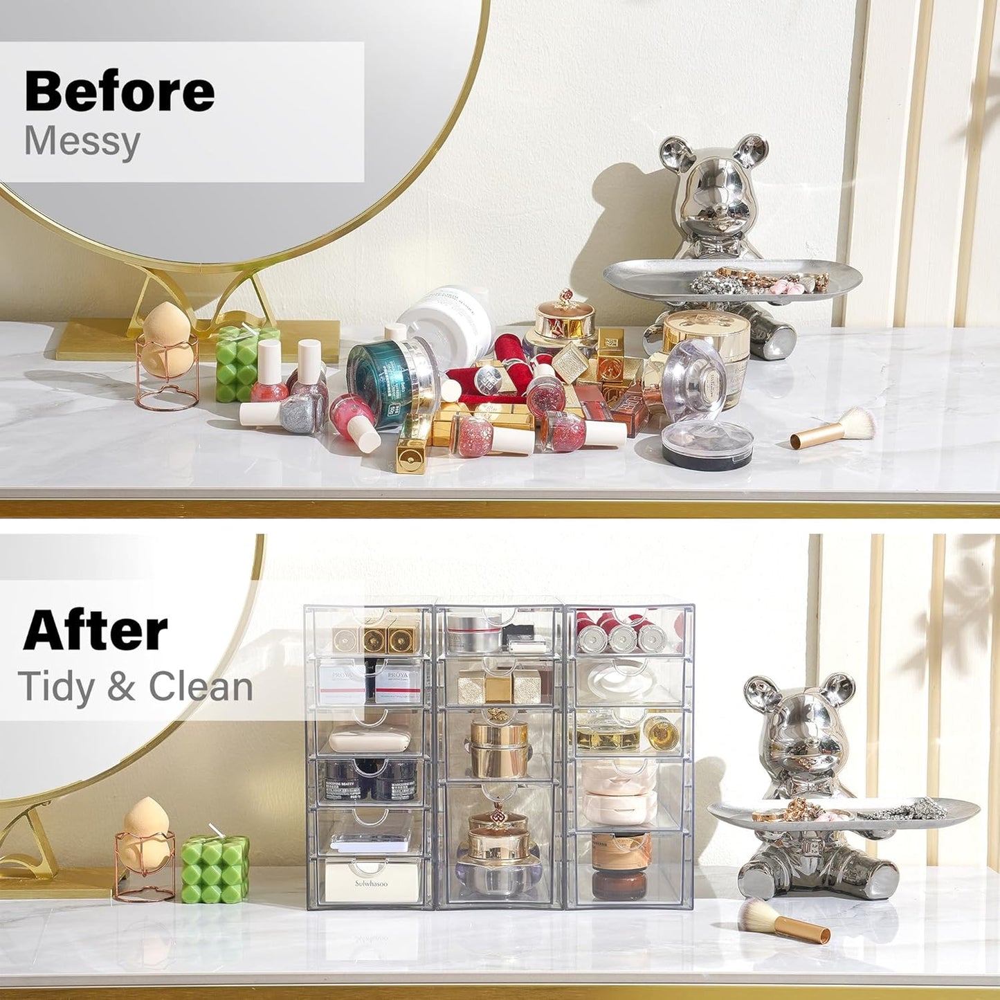 Prsildan Acrylic Drawer Organizer with 15 Drawers, Makeup Craft Office Desk Organizers Accessories, Set of 3 Clear Stackable Storage Drawers for Vanity, Countertop, Jewelry, Art Supply Organization