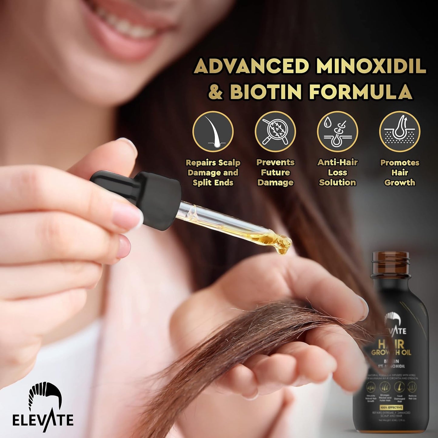 Elevate Hair Regrowth Treatment 5% Minoxidil Solution - Biotin Serum Hair Growth Oil for Men & Women - Thicker Fuller Stronger Hair - Stops Hair Loss & Thinning - Natural Hair Thickening Treatment 1oz