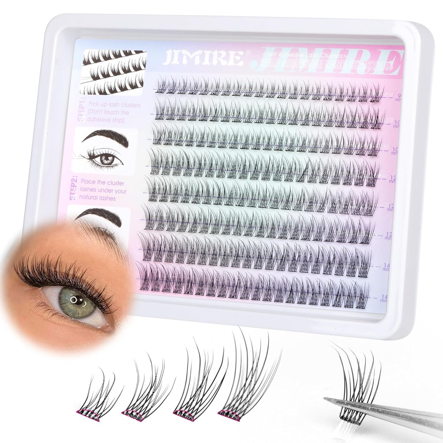 JIMIRE 160Pcs Self Adhesive Eyelashes Natural Look 9-14MM Wispy Pre Glued Lash Clusters No Glue Needed Press on Lashes Clusters Reusable Self Adhesive Eyelash Clusters Beginners Friendly