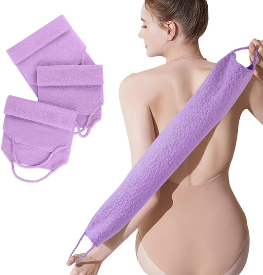 3 Pcs Double-Sided Back Exfoliator Body Scrub Towel, Exfoliating Back Scrubber with Handles,Exfoliating Washcloth Bath Tool in Shower, Stretchable Back Washer to Deep Cleans Skin (Purple)