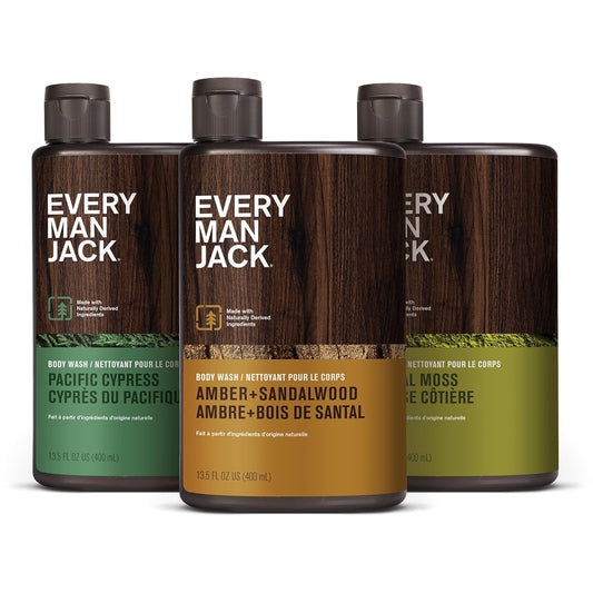 Every Man Jack Hydrating Mens Body Wash - Cleanse, Nourish, and Hydrate Skin with Naturally Derived Ingredients - Paraben Free - Amber + Sandalwood, Pacific Cypress and Coastal Moss - 3pk