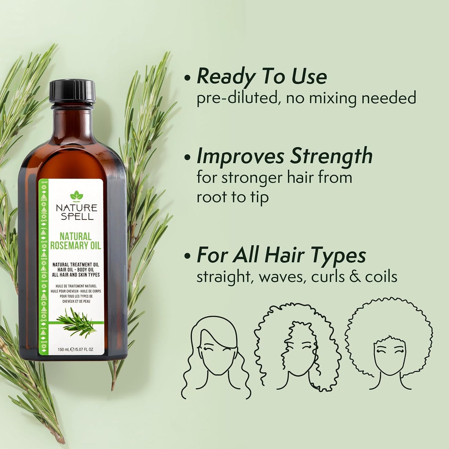 Nature Spell Rosemary Oil For Hair Growth With Root Comb Applicator, Pre-Diluted Hair & Scalp Oil Nourishes Dry, Damaged Hair, For Women & Men, 5.07 Fl Oz