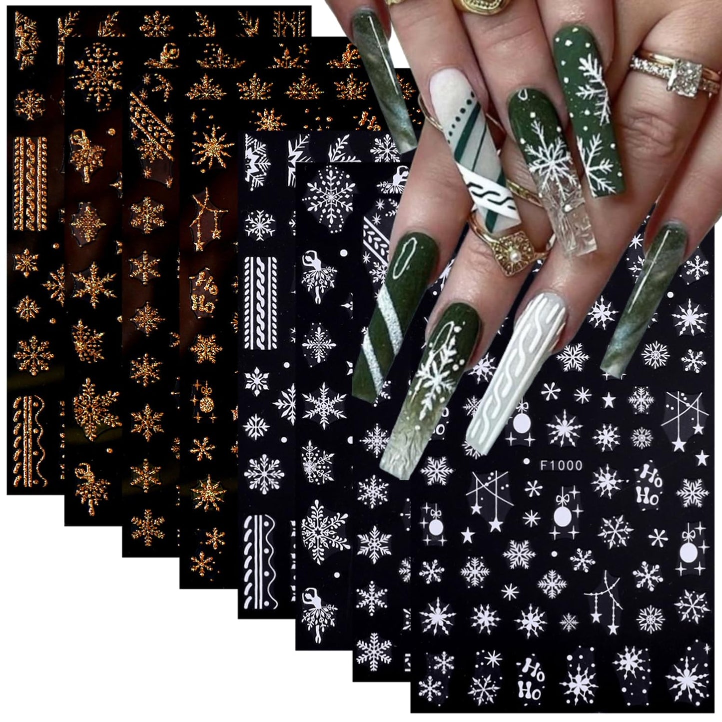 8 Sheets Gold Snowflakes Nail Art Stickers 3D Self-Adhesive Christmas Stickers Winter Nail Decals White Gold Designs Elk Snowflake Nail Supplies Holiday Nail Sticker for Nail Art DIY Christmas Nails
