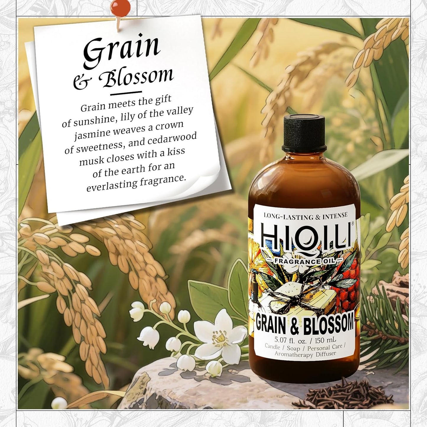 HIQILI Grain & Blossom Fragrance Oil for Diffuser, Candle, Solid Perfume Making, Fresh Floral Scents, Body & Skin Care - 5.07 Fl Oz