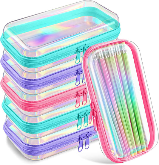 Sanwuta 6 Pcs Clear Hard Zipper Case Pencil Pouches Hard Plastic Zipper Pouches Makeup Bag Transparent Cases for Snacks Plastic Storage Organizer Box for Travel(Holographic,7.48 x 3.94 x 2 Inch)