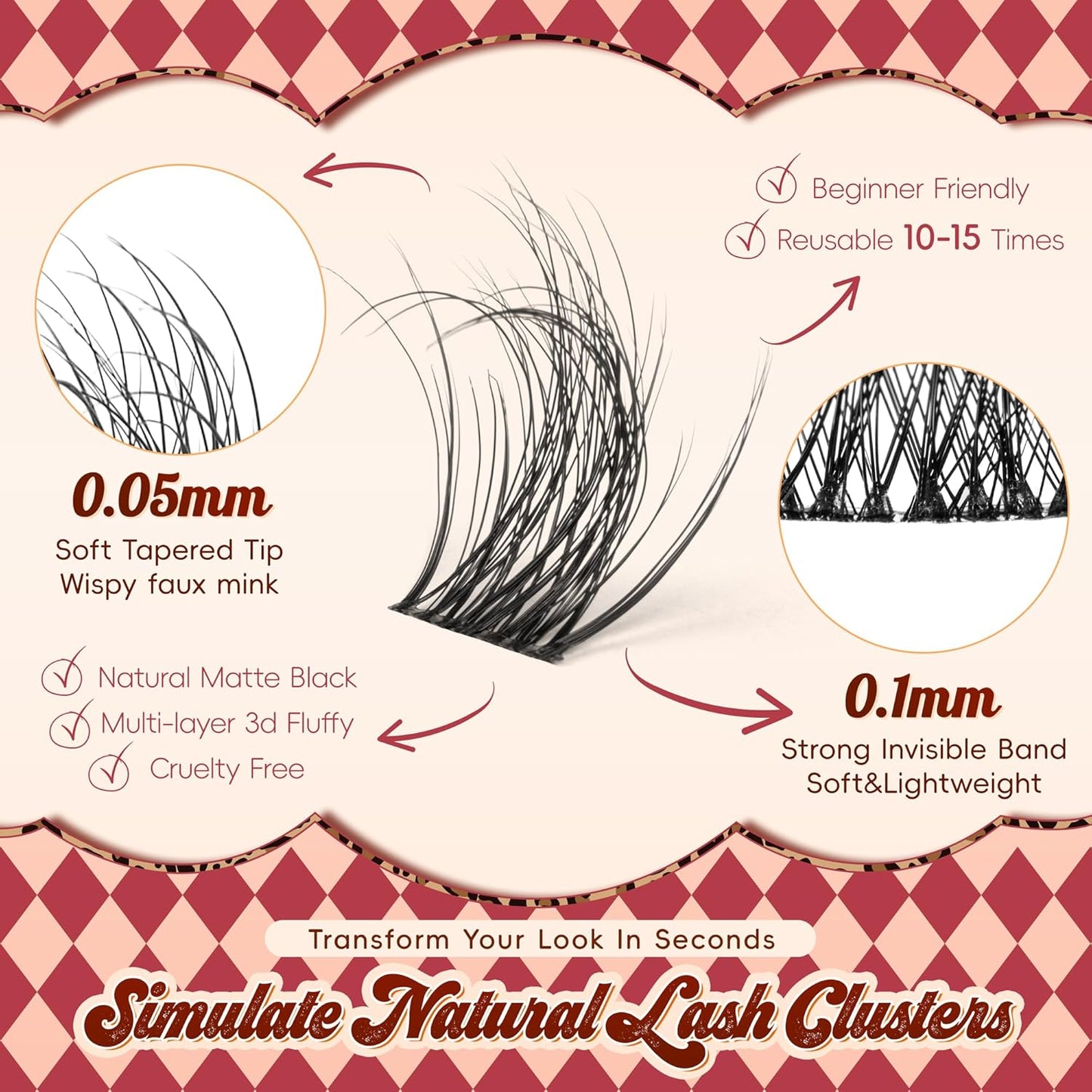 Lash Clusters 0.05mm PBT Fiber Eyelash Clusters, 0.1mm Superfine Invisiband D Curl Diy Lash Extension, 96pcs 8-16mm Individual Like Eyelash Extensions (Velvet-D-8-16Mix)