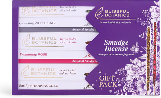 Tulasi Smudge Incense Sticks Gift Pack – 6 Scents x 40g Each – White Sage, Palo Santo, Lavender, Frankincense, Sandalwood, Rose – 48 Natural Herbal Incense for Aromatherapy, Yoga, Meditation