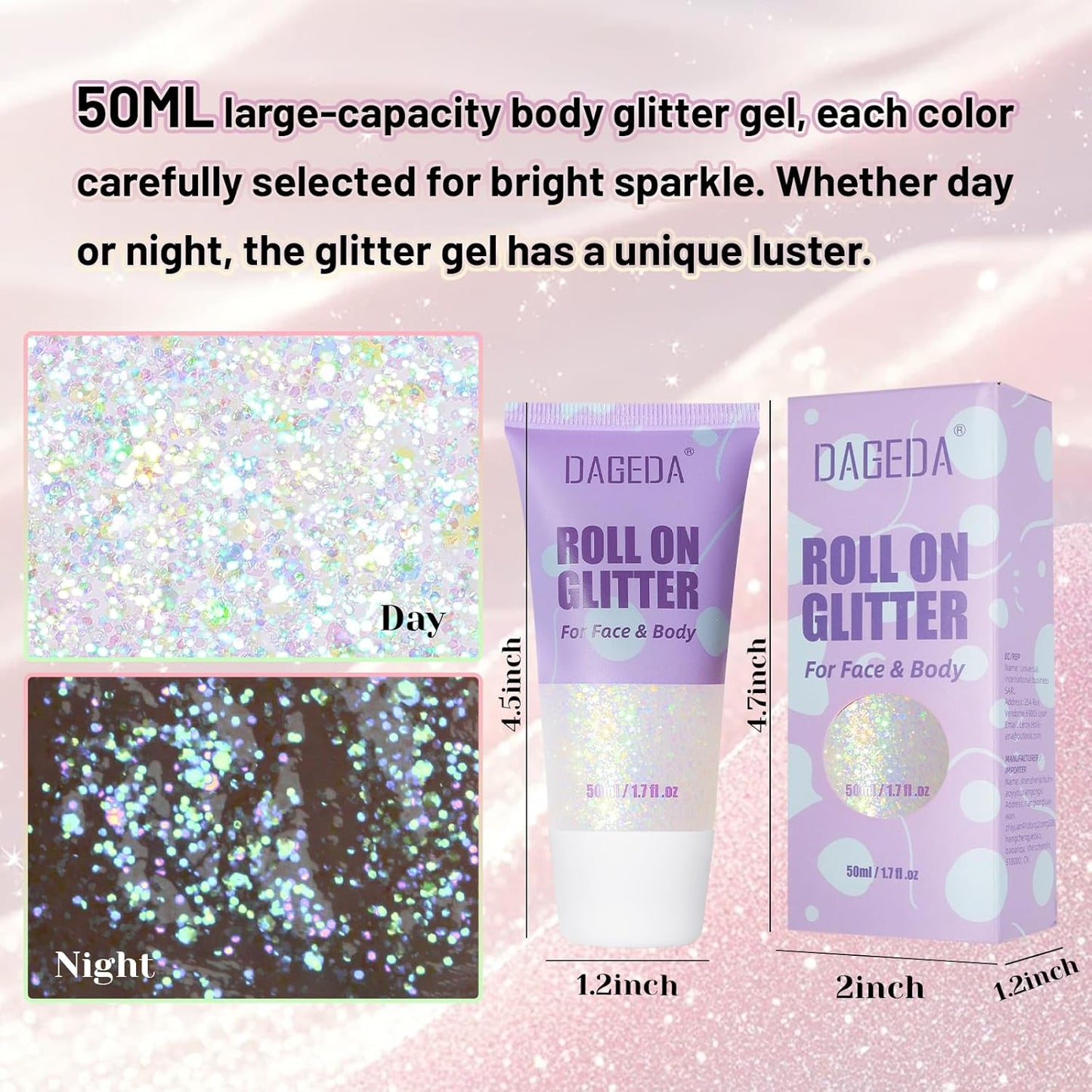 DAGEDA Roll-on Body Glitter,Holographic Eye Face Hair Glitter Gel for Festival Outfit Mermaid Accessories,Chameleon Color Body Shimmer Makeup Rave Outfits Accessories for Women 50ml(Dazzle)
