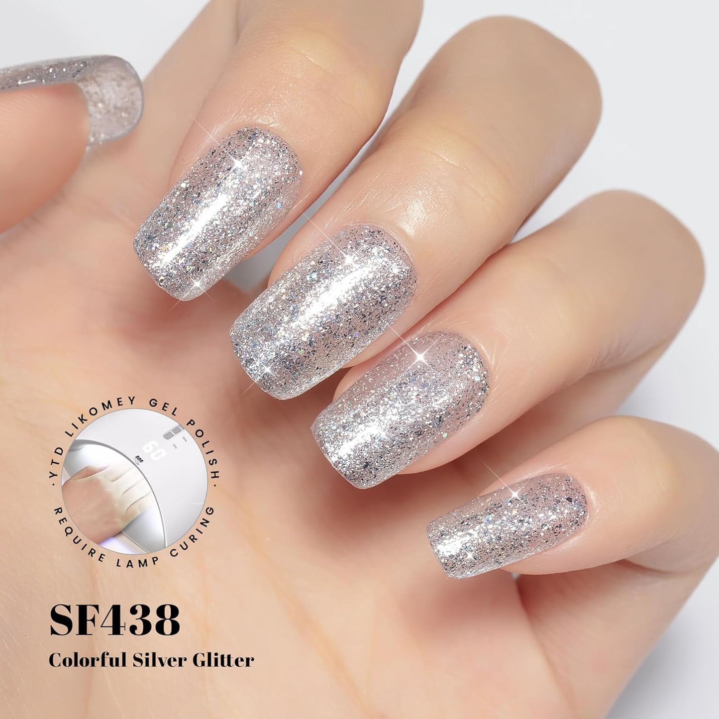 YTD Likomey Gel Nail Polish,15ml Colorful Silver Glitter Nail Gel,Fall Winter Shiny Sparkly Salon Home DIY Manicure UV Color Varnish,SF438