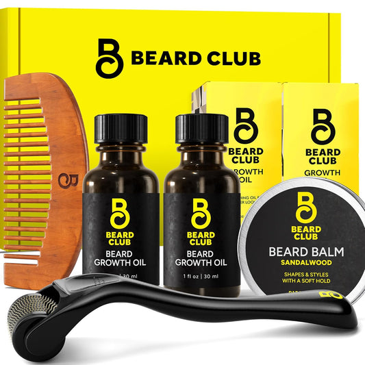 The Beard Club Enhanced Beard Growth Kit - Derma Roller, Beard Growth Oil (2PK), Sandalwood Beard Balm, Comb - Gift Set