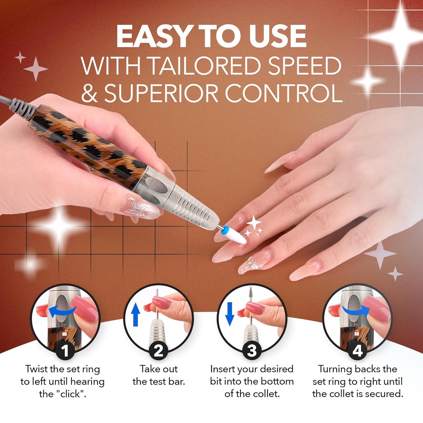 M Max - Nail Drill Professional - 2-in-1 Brushless Motor Nails Drill Machine - Electric, Cordless, Aluminium Alloy Casing, 35000 RPM, HD Display - for Salon & Home Use (Special Edition - Leopard)