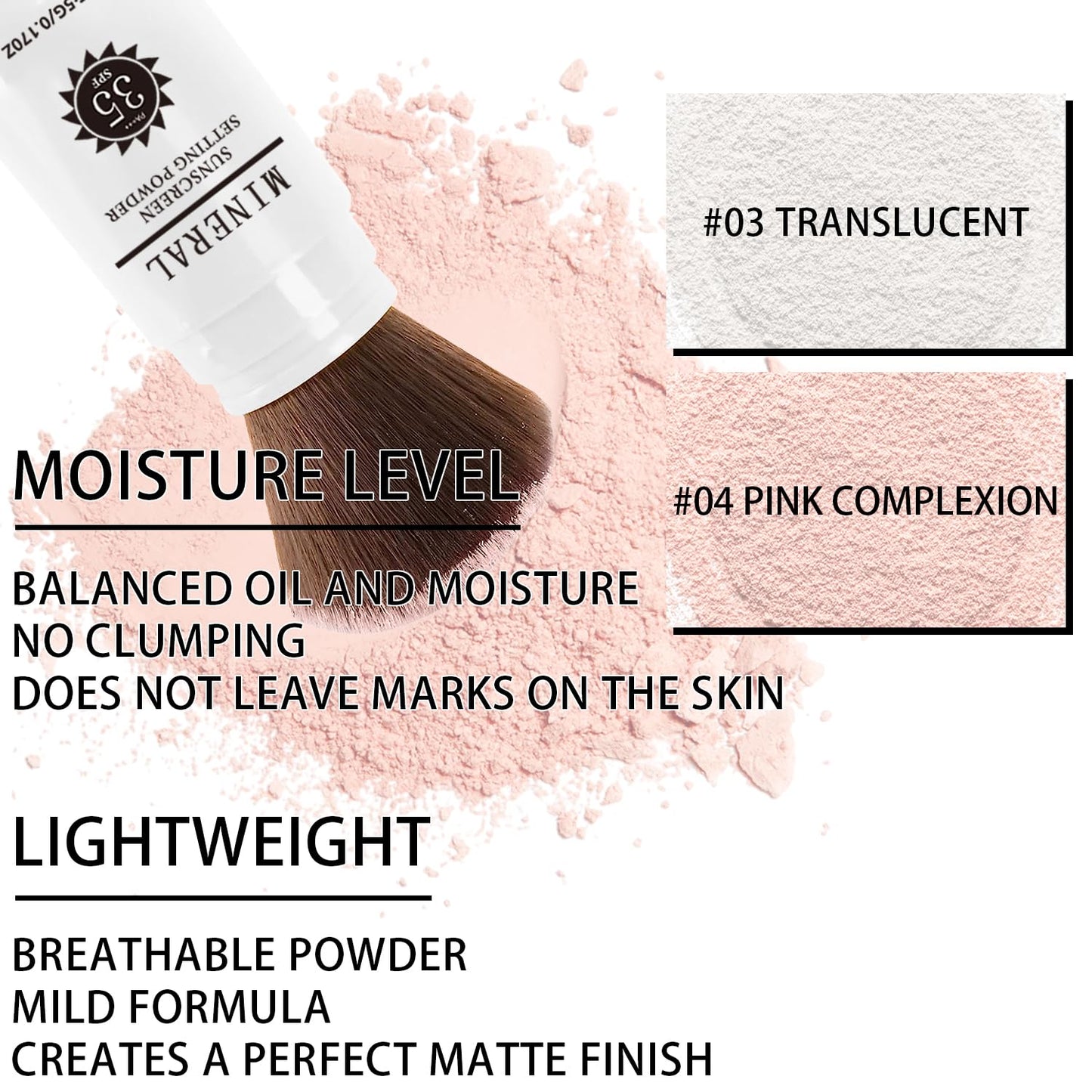 Sunscreen Setting Powder SPF 35, Mineral Brush Powder for Face & Scalp, Oil Control Natural Matte Finish Loose Powder Translucent Lasting Lightweight Breathable for All Skin (04# Pink Complexion)