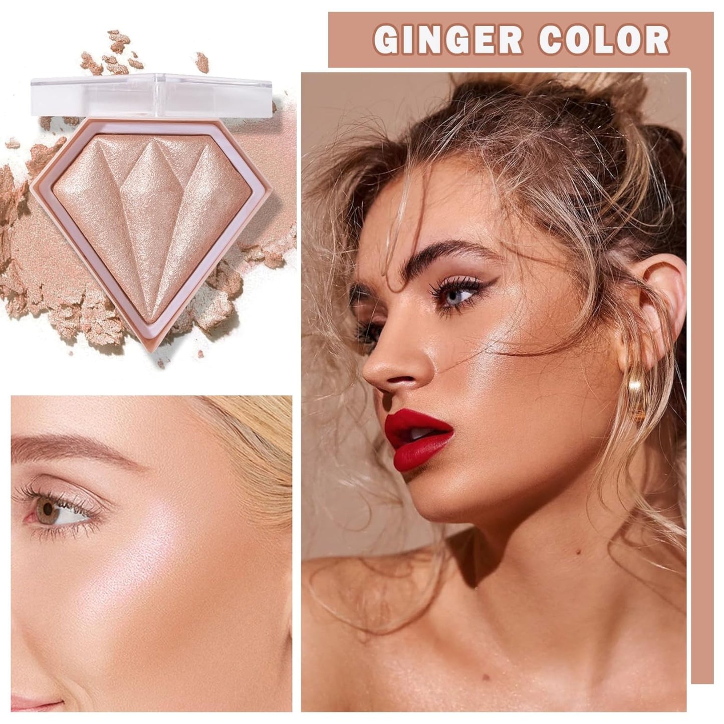 Face Glitter Highlighter Makeup Palette Shimmer Contour Powder Waterproof Long-Lasting, Brightens Face Complexion Contour Illuminator Highlighters Blush Powder Makeup Palette-04 Ginger Color