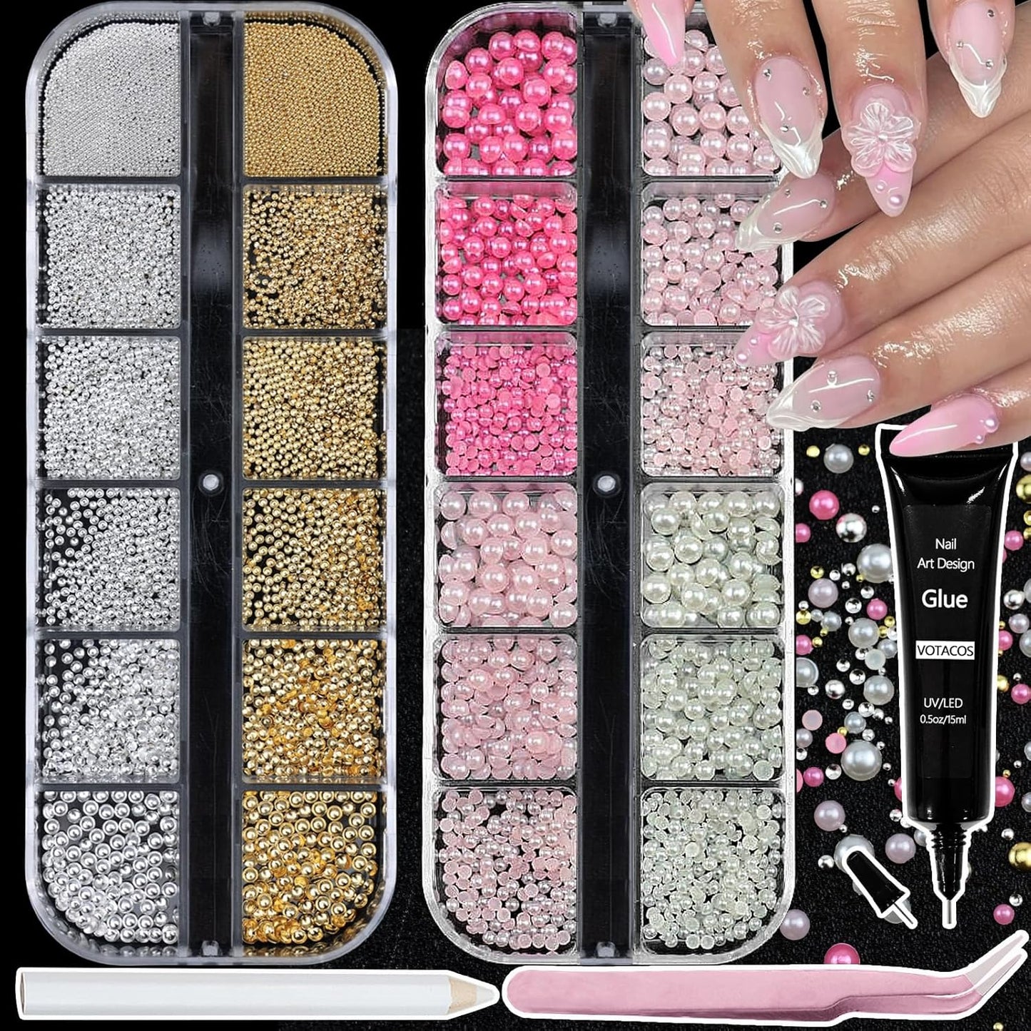 Nail Art Pearls with Glue Gel Flatback Pink Red 4 Colors Nail Charms Pearls Mixed Size 0.03-0.18in Nails Gems Pearl Accessories for Women Nails Design Decoration