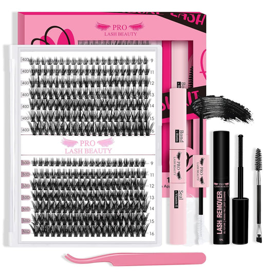 Lash Clusters Kit 280pcs Lash Clusters D Curl Eyelash Extension Kit Individual Lashes with Lash Bond and Seal Lash Remover Lash Applicator Easy to Apply at Home(40D+50D-9-16mix Kit)