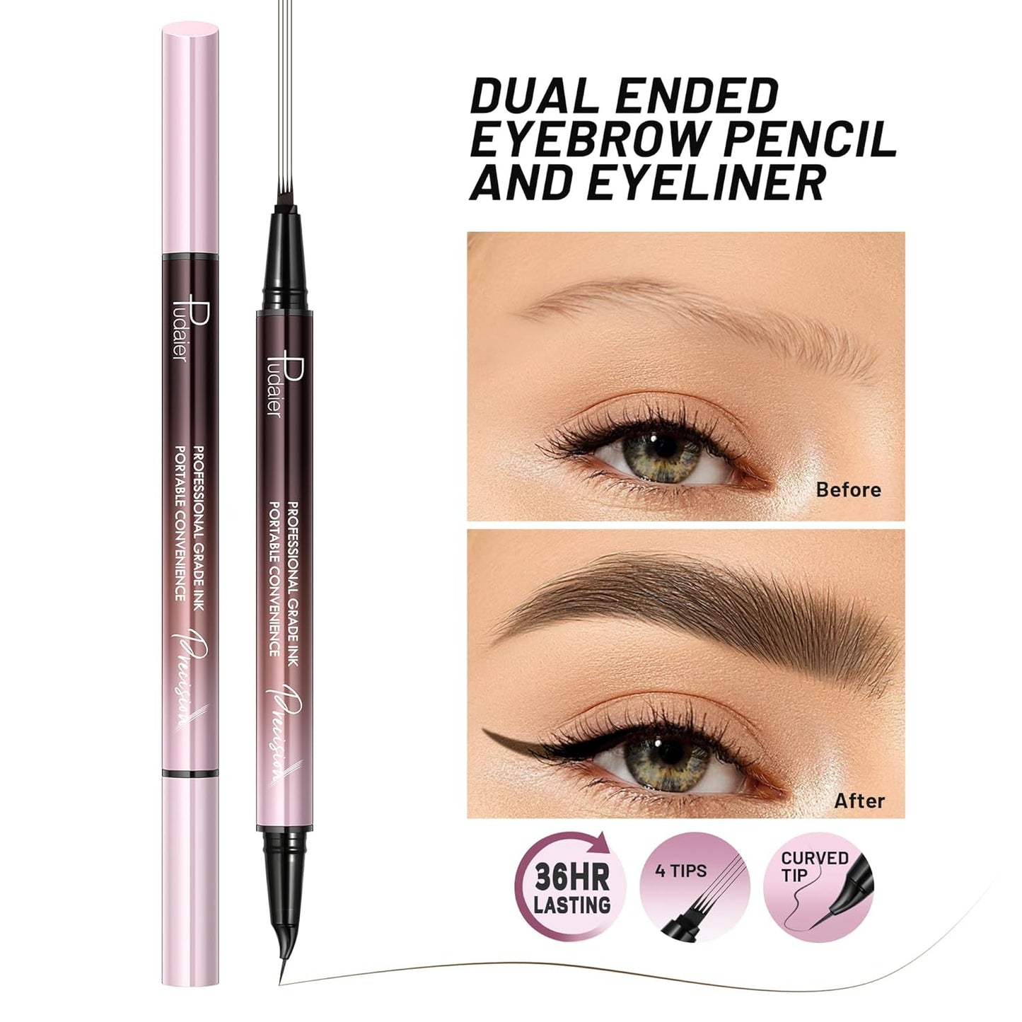 2 Pack Eyebrow Pen, Waterproof Microblading Eyebrow Pencil, 2-in-1 4 Tip Eye Brow Makeup Pen for Women with Precise Curved Brush-Tip Create Natural Hair-Like Brows, Last All-Day (Dark Brown)