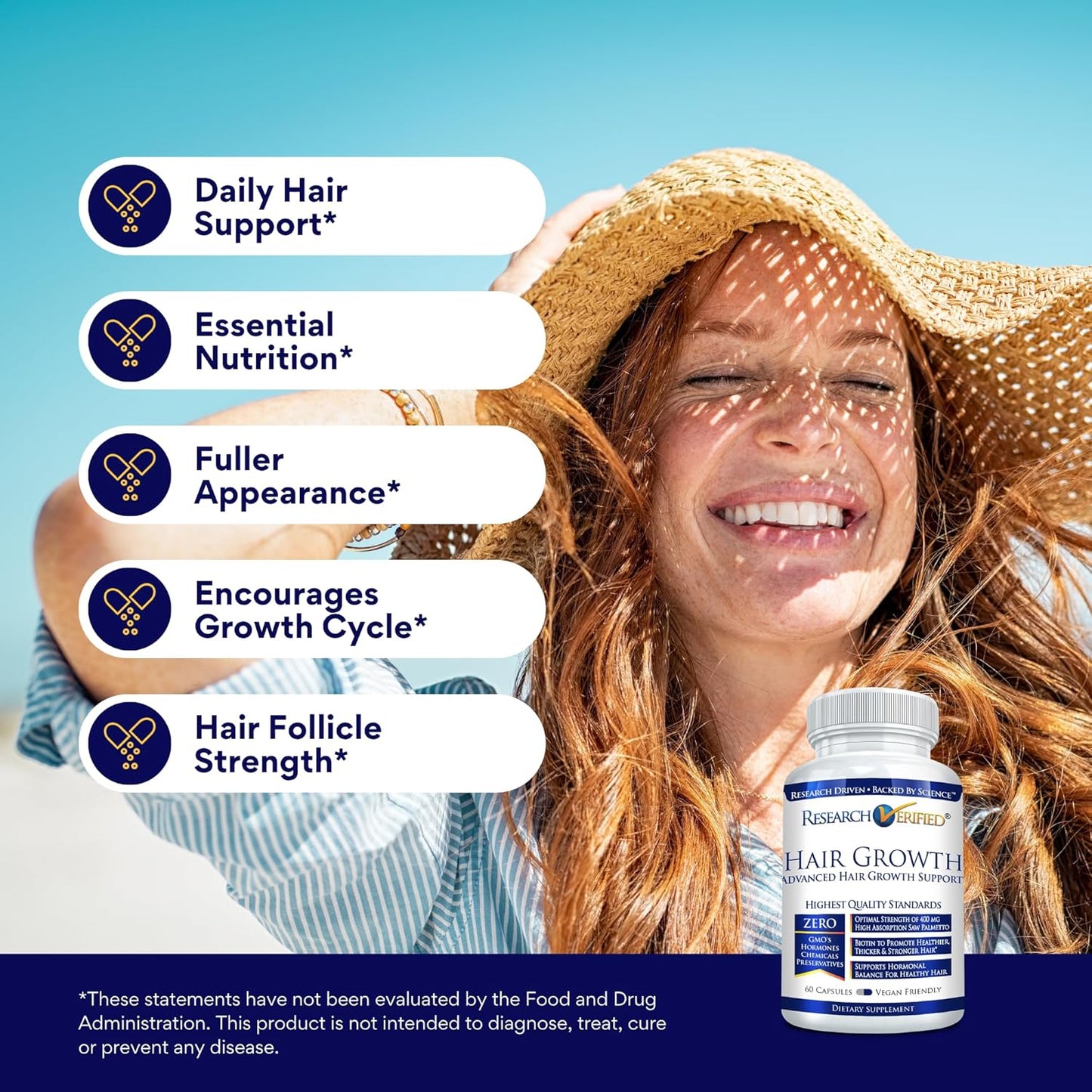 Research Verified Hair Growth Support - with Biotin, DHT Blockers & Vitamins - Hair Growth and Hair Loss Prevention, 1 Bottle (1 Month Supply)