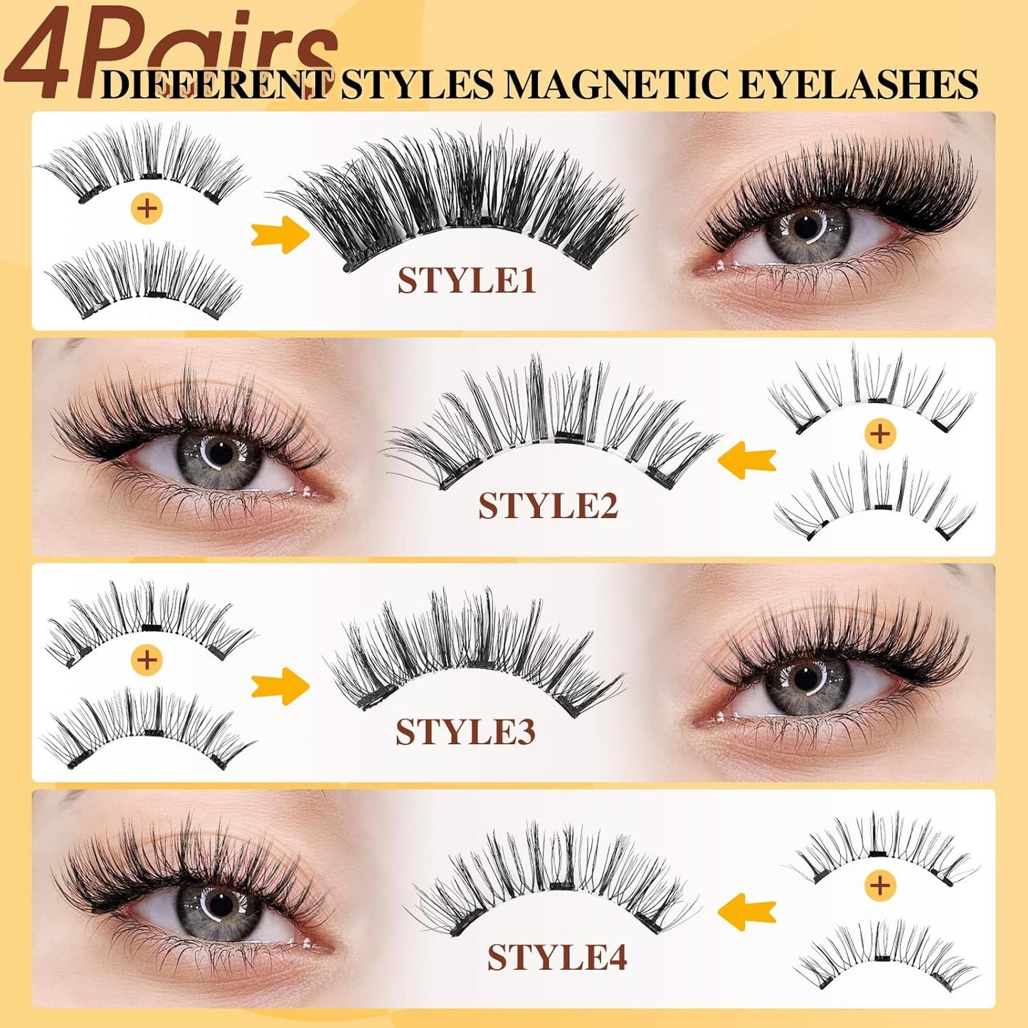 QUEWEL Magnetic Eyelashes 4 Pair Reusable Magnetic Eyelashes with Applicator No Glue Needed Eyelashes Natural Look Lash Clusters Kit Easy to Wear and Remove(4 Pairs-B02)