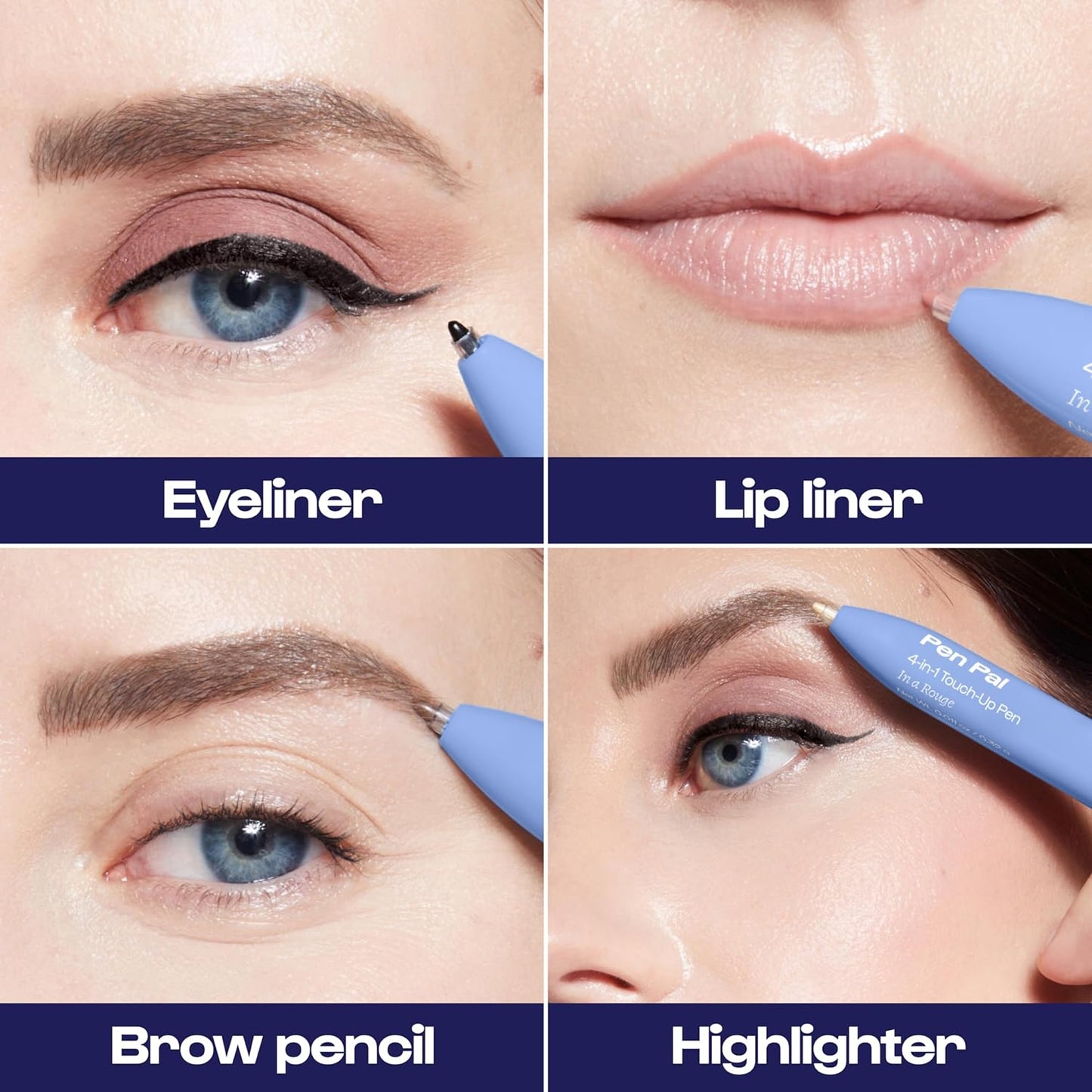 Alleyoop Pen Pal 4-in-1 Makeup Pen - Comes with Eyeliner, Highlighter, Lip Liner, and Eyebrow Pencil - Touch Up On the Go - Cruelty-Free, Vegan (In A Rouge (Light))