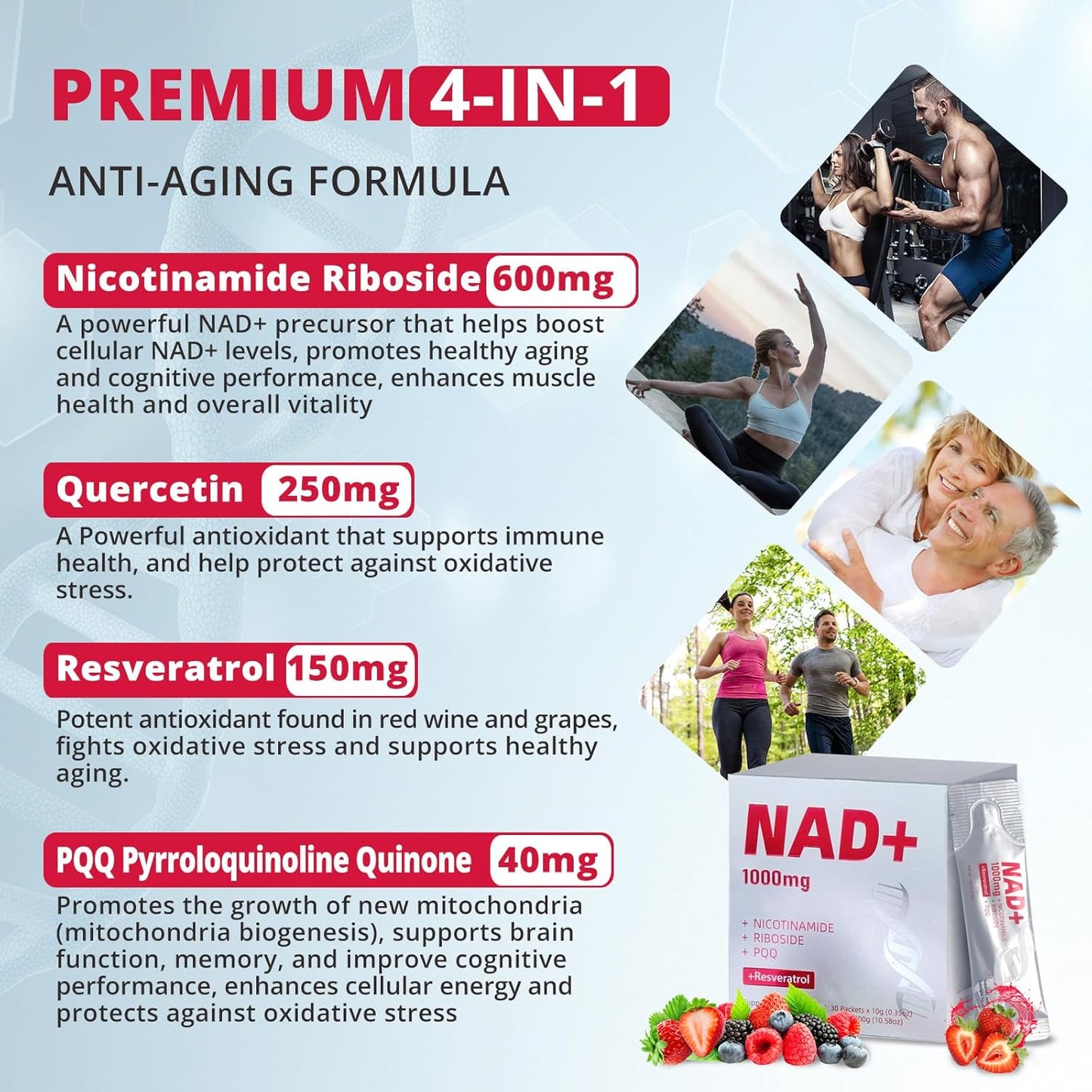 High-Potency 1000mg Nicotinamide Riboside with Resveratrol, PQQ & Quercetin Liquid Supplement, Berry Flavor Drink Mix, Boosts Cellular Energy, Focus & Anti-Aging, 30 Packets