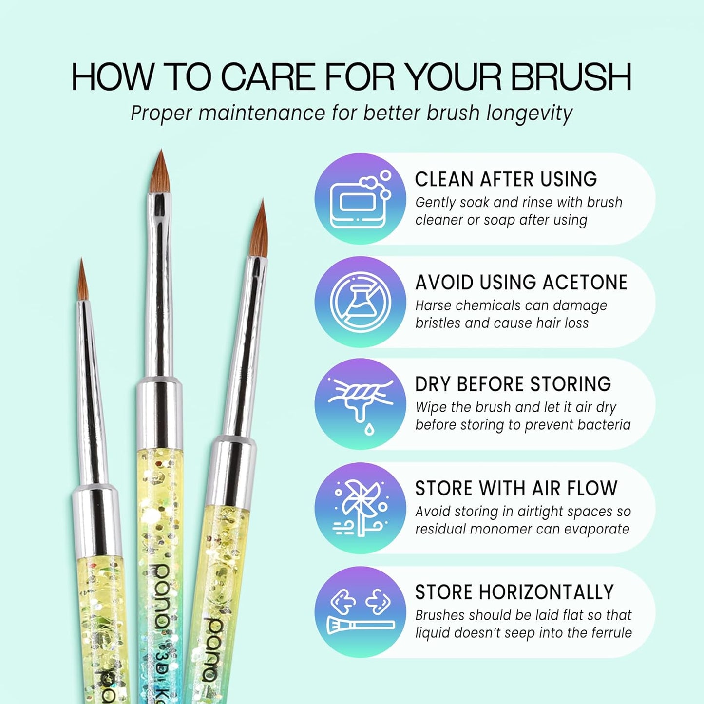 PANA 3D Kolinsky Nail Art Brush - Rainbow Glitter Handle, Size 2 - Acrylic Nail Art Sculpture Brush for Manicures Pedicure Salon Professional or Beginner