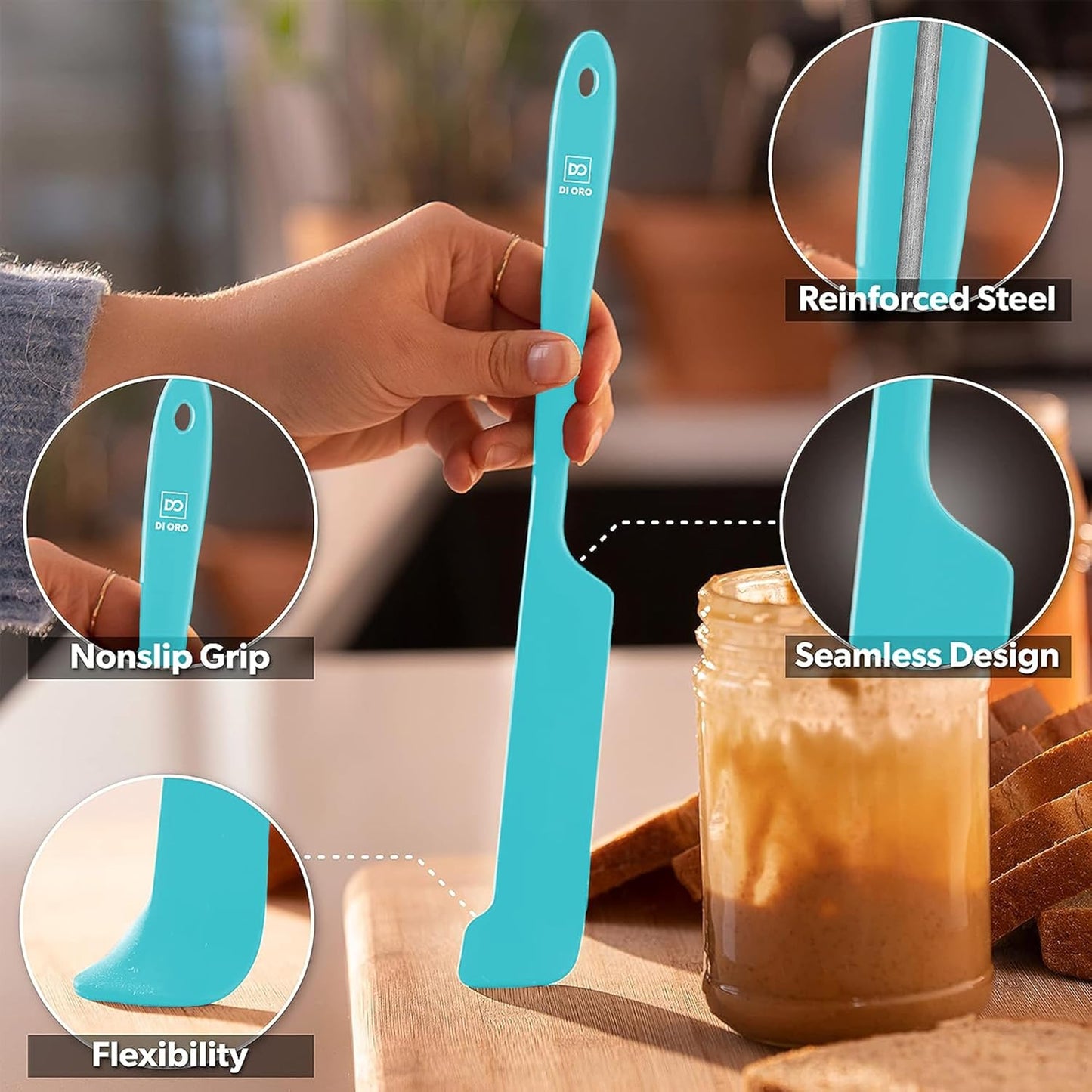 DI ORO Silicone Jar Spatulas for Scraping - Rubber Spatulas Silicone Heat Resistant - Kitchen Spatulas Nonstick Cookware Safe - Silicone Utensil Set for Blenders, Mixing, Baking, & Makeup (5pc, Teal)