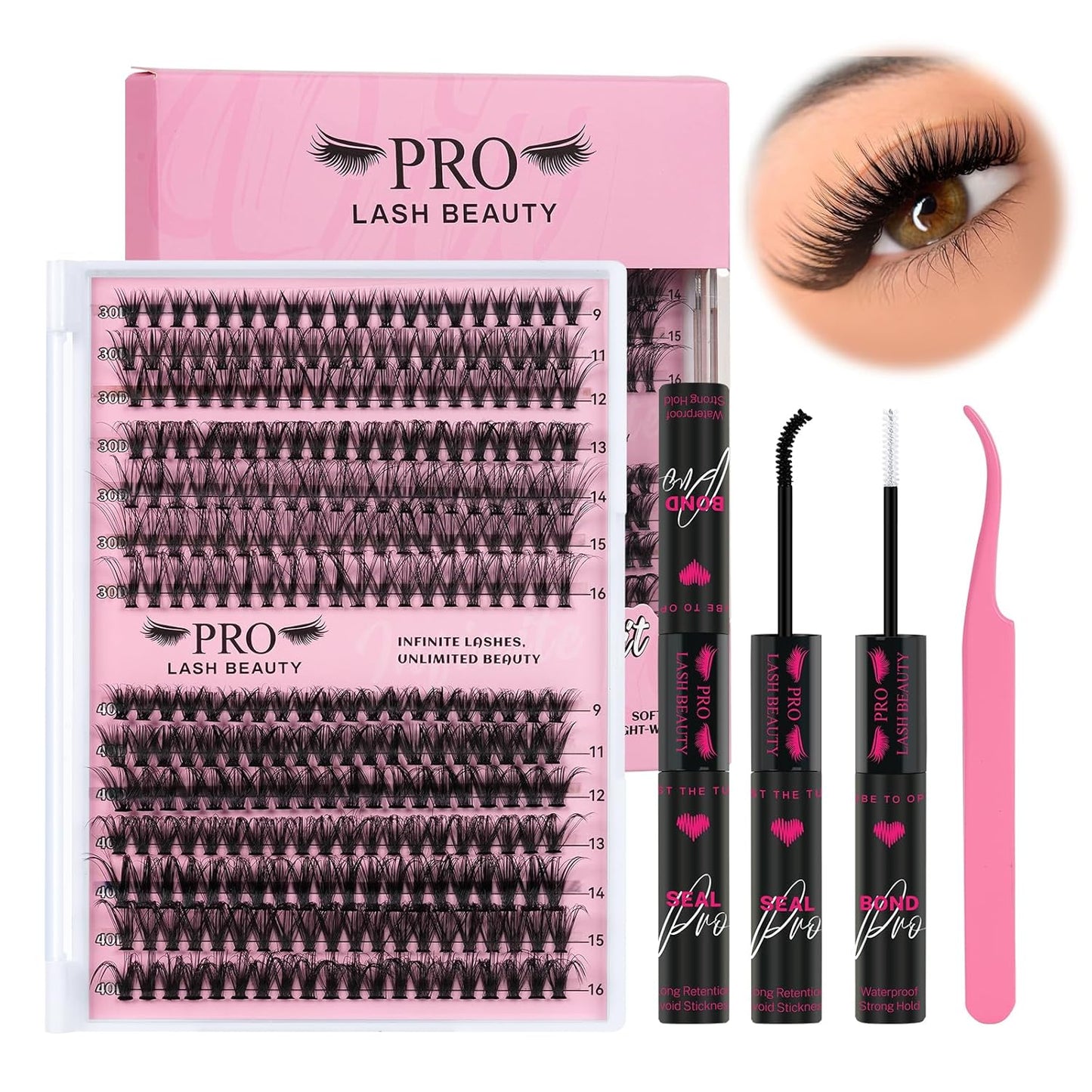 Lash Clusters Kit 280 Pcs Cluster Lashes 30D+40D Lash Extension Kit with Lash Bond and Seal Waterproof Lash Applicator Individual Lashes Apply at Home(30D+40D-9-16mix Kit)